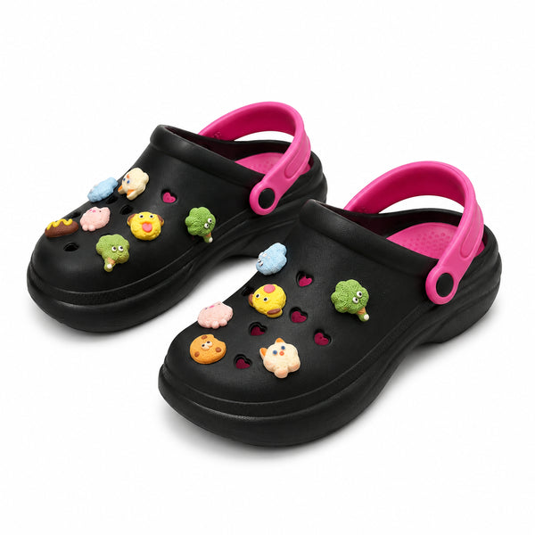 All Wear Women's Black & Pink Cute Charm Clogs | Lightweight Slip-On Comfort Garden Sandals - All Wear
