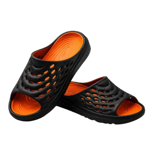 All Wear VortexFlow Dual-Tone Recovery Slides – Lightweight Perforated Comfort Sandals - Black/Orange - All Wear